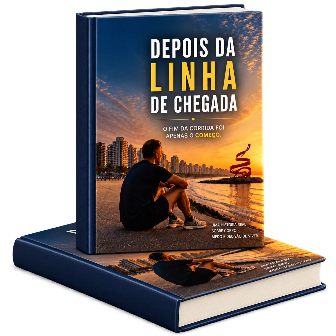 Mockup do livro Depois da Linha de Chegada com a capa ao pôr do sol